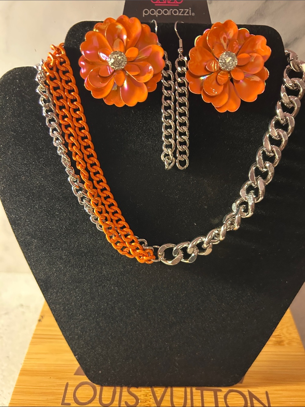Paparazzi Orange Floral Drop Earrings with Silver Accents